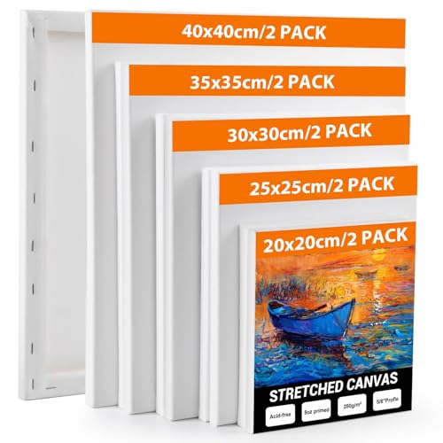 Koncci 10 Pack Stretched Canvas for Painting, 40x40 35x35 30x30 25x25 20x20cm Art Canvases for Painting, Acid-Free/Cotton/Triple Primed/280GSM Blank Canvas Set for Acrylic & Oil Painting