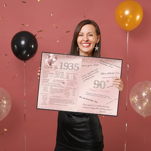 Image of Vlipoeasn 90th Birthday Party Guest Book for Women, Creative 1935 Poster Sign in Book, Pink and Black Back in 1935 Signature Book, 90 Year Old Birthday Party Decorations Centerpieces Supplies