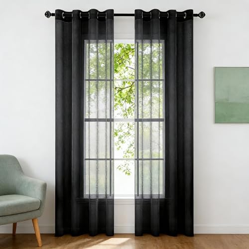 HOKXUAN Cortinas Salon Translucidas 135 x 100 cm Decorativos Fácil de Limpiar y sin Arrugas Efecto Lino Poliester Visillo Translucido para Dormitorio, Negro