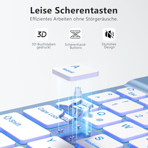Vobafe Bluetooth Tastatur mit Telefonhalter für iOS/Android/Windows, Kabellose Tablet Tastatur für iPad/iPhone/Samsung/Laptop, Ultradünn Deutsche QWERTZ iPad Keyboard, 7 Farben Beleuchtete, Blau