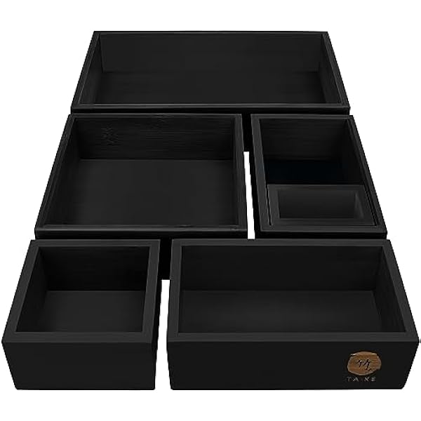 TAKE® - Cajones organizadores de 6 piezas, 100% bambú natural (negro) – Cajones organizadores cajas en diferentes tamaños para cocina, baño y oficina, organizador de cajón, organizador de tocador,