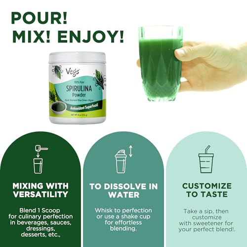 Vegs Organic Spirulina Powder - Blue Green Algae Plant-Based Superfood Blend - Antioxidant-Rich with Chlorophyll, Vitamins & Minerals for Cleansing, Energy & Immunity Support - Vegan, Non-GMO - 8 oz - Thumbnail 6