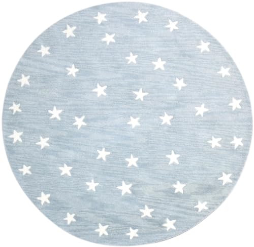 CSILLA HOUSE Premium Handmade Star Patterned Round Area Rugs 5X5 ft Luxury Sky Blue Woolen Carpet, Kids Play Area Rug Round, Wool Circle Area Rug for Living Room, Bedroom, Dining Room