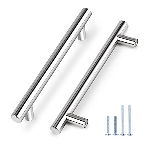 Image of Probrico 20 Pack Kitchen Cabinet Handles 6-3 /10 inch Hole Center Polished Chrome Cabinet Pulls - Euro T Bar Drawer Pulls Stainless Steel Cabinet Hardware for Bathroom, Closet, Wardrobe