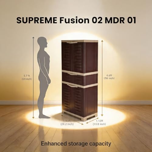 Image of Supreme Furniture Fusion 02 MDR 01 Multipurpose Plastic Cupboard | 40-Months Warranty* |2 Door Cabinet with 1 Drawerat Center | Spacious Shelves | Big Storage for Bedroom| DIY | Brown Beige
