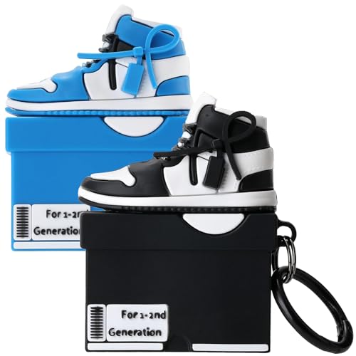 Image of [2Pack] Gedicht for Apple Airpods 2nd Generation Case Cover, Cute Cartoon Shoe Box Soft Silicone Protective Cases for AirPods 1&2 Case with Keychain for Women Men, Blue+Black