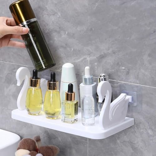 Image of Self Adhesive Floating Shelves Swan-Shaped Wall-Mounted Storage Rack Hanging Shelf with No-Drill Adhesive for Bathroom Vanity and Kitchen Organization,Toiletry Holder Entryway Stand Holder