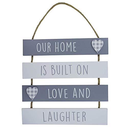 Wall Plaque Our Home Is Built On Love & Laughter Sentimental Grey & White Wood & Jute Cord 3D Slats Hearts Wall Sign Perfect For New Home Gift Moving Gift 76205
