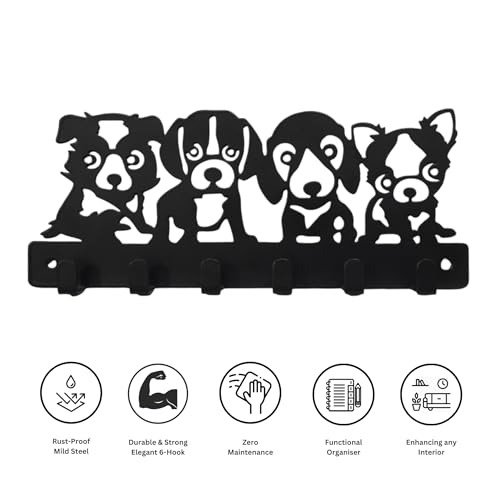 Image of Pet Lover's Combo of Wall Key Holder - Kitty & Pups Design - Premium Matte Black Finish - 6 Hook Key Organizer - Stylish Key Storage - Elegant Wall Mounted Key Rack for Home & Office | Cat Design, Includes Mounting Screws, For Home Use, 6 Hook Hanger, Metal Construction