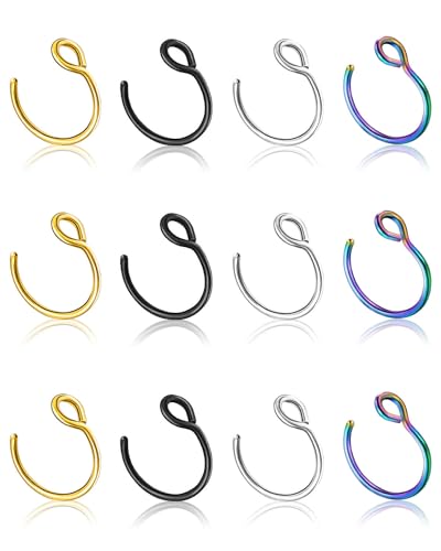 12Pcs 20G Fake Nose Rings Fake Septum Nose Ring Hoop for Faux Lip Septum Nose Ring Set Stainless Nose Hoop for Women Men