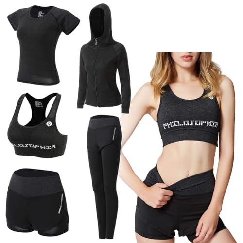 ODWTMRK Jogginganzug Damen Sport Set Sportbekleidung 5er-Set Trainingsanzug Yoga Kleidung Anzug Laufbekleidung Gym Fitness Set Kleidung(Schwarz-B,M)