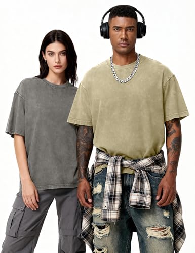 Image of Eiscntd Men's Oversized T-Shirts Heavyweight Cotton Vintage Washed Loose Fit Unisex Baggy Tee Shirts