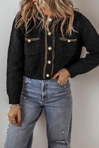 Chic Women's Black Shimmer Button-Up Cardigan with Flap Pockets2