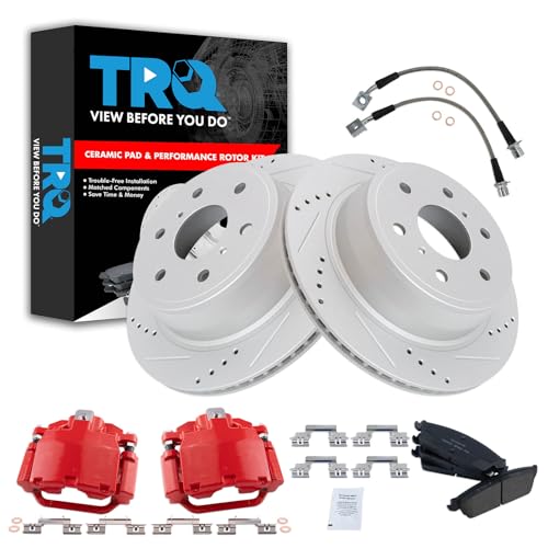Image of TRQ Rear Brake Pad & Rotor Kit Slotted X Drilled Performance Red Premium G-Coated Ceramic Driver & Passenger Side Compatible with 07-14 Cadillac Chevrolet GMC