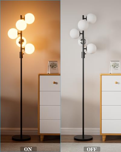 Image of 64IN Dimmable Black Floor Lamp, Tall Standing Lamps with 5 Globe Soft Warm White Eye Care 3000K G9 Bulbs, Mid Century Modern Floor Lamp with 5Lbs Heavy Base for Living Room Bedroom Office