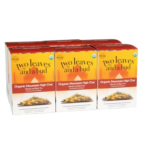 Two Leaves and a Bud Organic Mountain High Chai Tea Bags, Whole Leaf Black Tea and Spices in Compostable Sachets, 15 Count (Pack of 6)