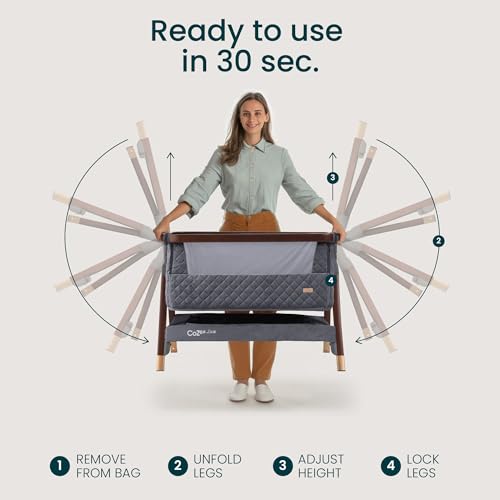 Image of Tutti Bambini CoZee Luxe Bedside Bassinet, Walnut /Slate | Portable Crib, Adjustable Crib for Newborns, Travel Case Included, 0-6 Months