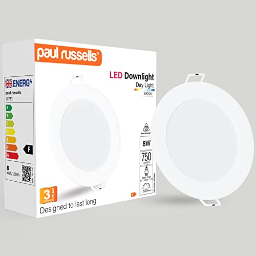paul russells LED Ceiling Downlights, 8W Slim Recessed Bathroom Downlights, Kitchen Ceilings, 750 Lumens, 6500K Bright Daylight, Cutout 95-105mm, Round Non-Dimmable Panel Spotlights, 1 Pack
