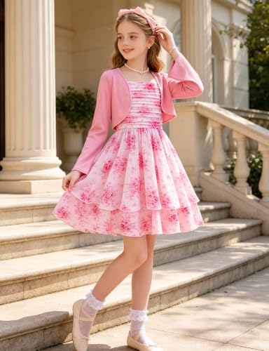 Dresses for Girl Size 10 12 Girls Pink Floral Tween Dress Cardigan Outfit — view 6