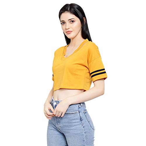 Image of LE BOURGEOIS Women Solid Loose Fit Desiger V-Neck Short Sleeve Dance Party Casul Crop Top
