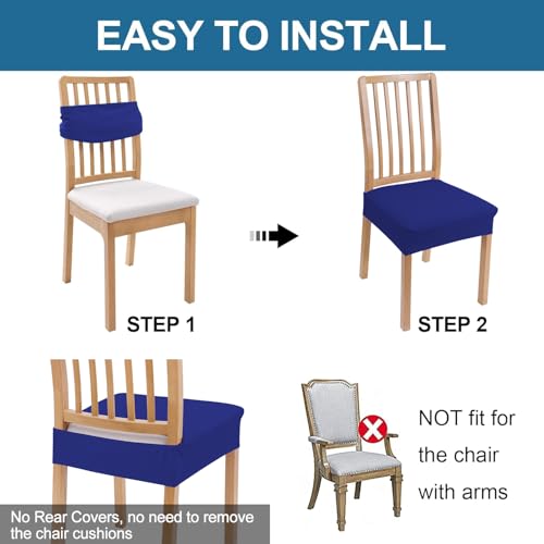 Image of Smiry Waterproof Seat Covers for Dining Room Chairs, No Rear Covers | Stretch Jacquard Removable Washable Chair Seat Slipcovers Protector, Set of 2, Royal Blue