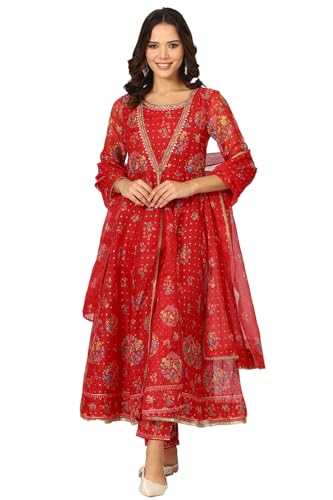 Image of W for Woman Women's Polyester Crimson Red Embroidered Flared Kota, Straight Kurta and Pant with Dupatta Set