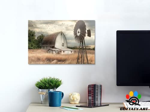 Guttaty Farmhouse Wall Art - Old Barn And Windmill Canvas Art Print | Vintage Rustic Art Pictures For Living Room Wall Decoration | Country Wall Decor 18X24 Inches Framed Artwork #TOP2