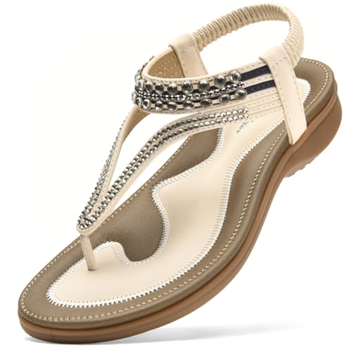 Littleplum Womens Sandals Arch Support Slingback Rhinestone Dressy Sandals Comfort Summer Shoes Ankle Strap Elastic Flats for Beach Walking Elegant White Size 8