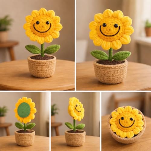 Image of Amazon Brand - Umi Handmade Crochet Flower Pot for Home & Office Decor, Cute Smiling Floral Tabletop Showpiece, Aesthetic Desk Decoration, Unique Gift for Friends Family & Loved Ones (Bloom Yellow)