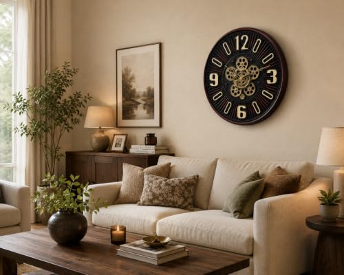 Image of Big Size 19 Inch (48 Cms) Brown Wall Clock with Rotating Moving Gear Mechanism,Silent Sweep Movement | Wall Clock for Living Room, Bedroom, Resorts & Hall. (Round 19 INCH (COLA))