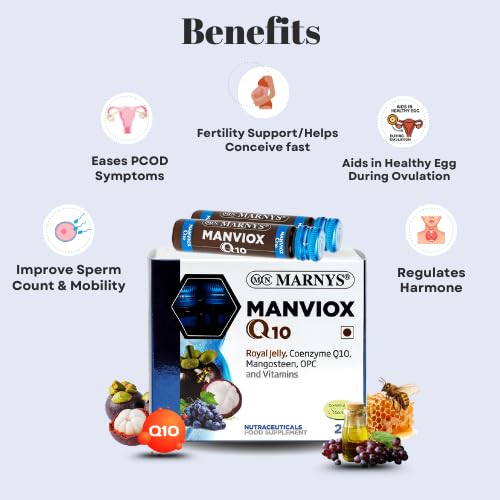 Image of Marnys Manviox Q10 | Premium Antioxidant, anti-ageing and fertility support supplement for both men & women with Co-enzyme Q10, Royal Jelly,vitamins, folic acid & Biotin| 20 drinkable vials