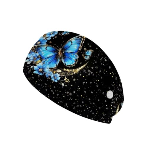 Babrukda Headbands with Buttons for Mask Nurse Accessories Womens Mens Turban Non-Slip Workout Sweatband Makeup Hair Bands Blue Butterfly Print Headwrap Headwear for Party Vacation Working