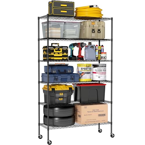 Image of BestOffice Storage Shelves 6 Tier Metal Shelves Adjustable Garage Shelving Wire Shelving Unit Capacity 2100LBS with Wheels for Kitchen, Garage Pantry Closet Commercial,Black