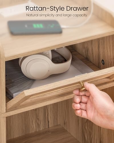 CHOEZON Nightstand with Charging Station, Side Table with Rattan-Style Drawer and Storage Shelf, Modern Rattan Night Stand with 2 USB Ports, Boho End Table Bedside Table for Bedroom, Natural MBZ01UWO - Image 6