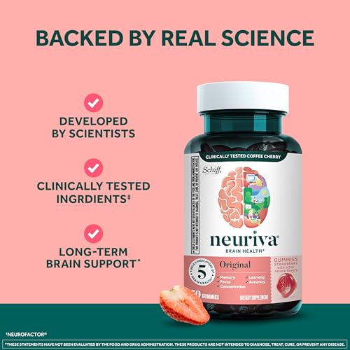NEURIVA Original Brain Supplements for Memory and Focus, Clinically Tested Nootropics Phosphatidylserine and Neurofactor, Caffeine Free, 50ct Strawberry Gummies - Image 6