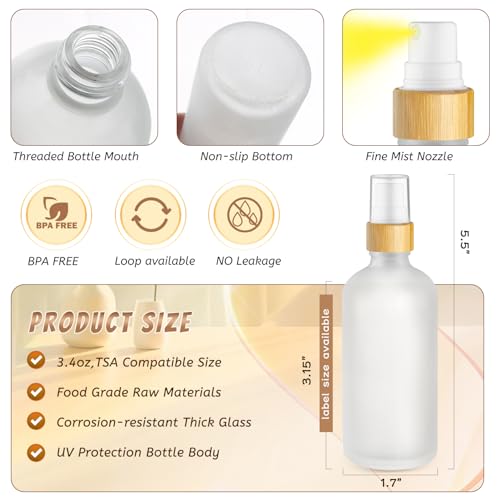 6 Pack 3.4 Oz White Frosted Glass Spray Bottle,Empty Perfume Fine Mist Atomizer,Natural Bamboo Pump Head Travel Liquid Holder Containers for Cologne,Essential Oils,Body Sprays-Funnel&Pipette Included2
