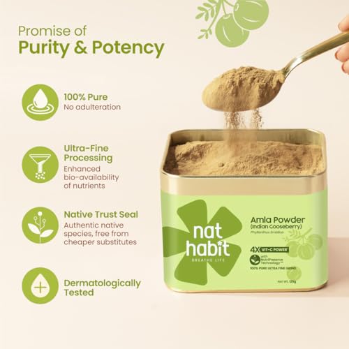 Image of Nat Habit 100% Pure Amla Powder 125g | Phyllanthus Emblica | 4X Vitamin C Power with Nutri-Preserve Technology | Ultra Fine Grind for Hair Growth, Hair Fall Control & Skin Brightening
