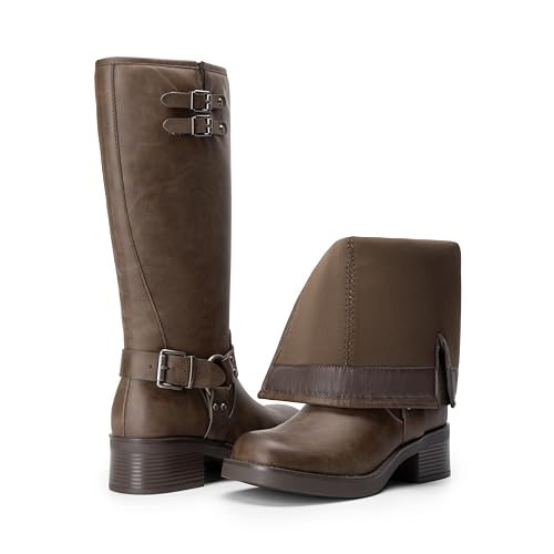 DREAM PAIRS Women's Knee High Boots Side Zipper Motorcycle Boots Square Toe Chunky Low Heel Fashion Buckles Biker Riding Boots3