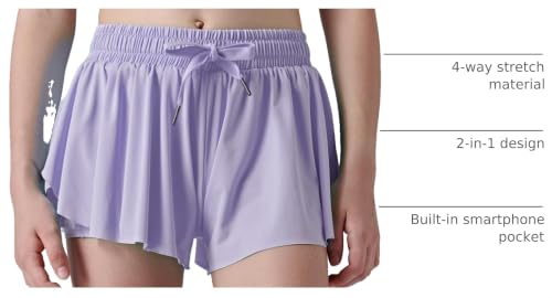 Image of 1 or 3 Pack Girls Flowy Shorts with Spandex Liner & Pocket, 2-in-1 Athletic Butterfly Shorts for Running Dance