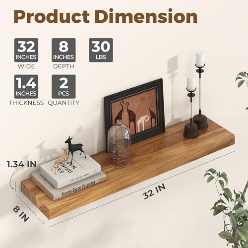 Image of Floating Shelves for Wall, 32in Reclaimed Elm Wood Shelves, Natural, 2PCs | 8'' D Rustic Solid Elm Wood Shelves for Storage, Wall Mounted Display Shelving with Invisible Heavy-Duty Metal Bracket