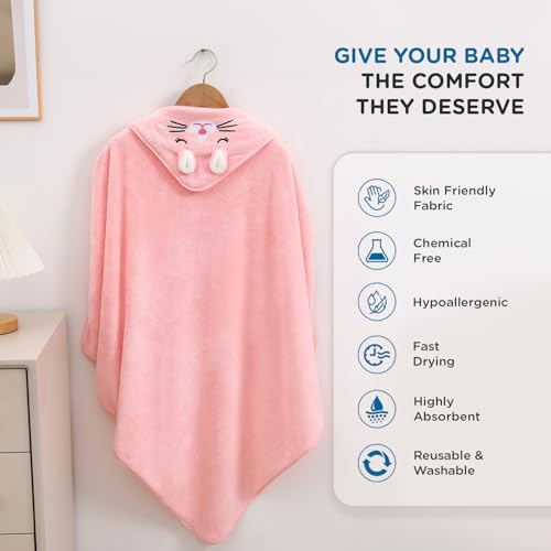 Image of Mee Mee Hooded Baby Bath Towel for New Born | Wash Cloth, Quick Absorbent, Can be Used for Baby Swaddling, Extra Soft Cotton Towels for Kids /Toddlers /Infants /Babies, Pack of 1, (Pink Cat) 80X80 CM