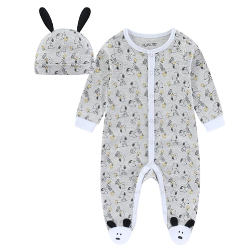 Image of Peanuts Snoopy Boys Coverall Footed Romper and Hat Set for Newborn and Infants