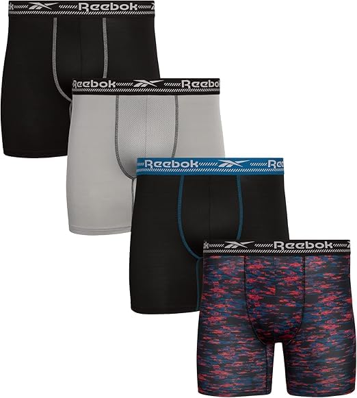 Reebok Mens Boxer Briefs - 4 Pack Moisture Wicking Stretch Performance Mens Underwear Boxers with Contour Pouch (Sizes: S-XL)