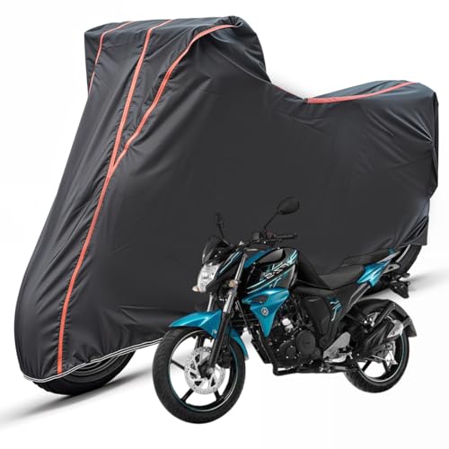 Image of Two Wheelers Bike Body Cover Compatible for Yamaha FZ S V 2.0, UV Resistant, Dustproof, Triple Stitched, Elastic Bottom, Red Piping Motorcycle Cover (Black, Pack of 1)