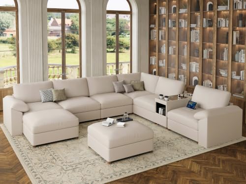 Image of EASE MOOSE Faux Leather Sectional Couch, Oversized Modular Sofa, Modern Comfy Modular Couch, Scratch Resistant Material Sofas, U Shaped Couch for Big Spaces, Beige