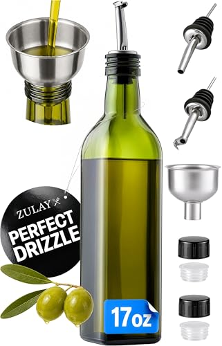 Zulay Kitchen 17oz Olive Oil Dispenser Bottle – Glass Oil Cruet with Spout, Funnel & Pourers, Easy-Pour Decanter for Kitchen Cooking and Serving (Green)