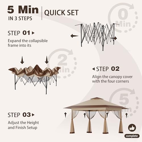 Bezseller 13x13 Pop Up Gazebo with Mosquito Netting – Easy 1-Person Setup, Water-Resistant Backyard Canopy for Family Patio & Garden Use,Khaki