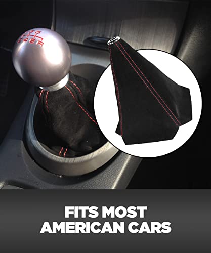 Yakefly Universal Car Shift Boots Shift Knob Dust Cover Mt Gear Shift Cover,Pu Leather Shifter Boot Retainer Stick Shift Sleeve Gear Shifter Boot Gear Gaiter Cover (Black Suede/Red Stitching) #TOP4