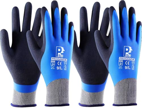 PROGANDA 2 Pairs Waterproof Work Gloves Ultra-Grip Latex Coated Gardening Gloves Durable and Versatile for Garden Car Fishing Outdoor Tasks