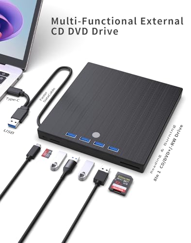 Image of External CD DVD Drive,9 in 1 USB 3.0 and Type-C Disc Reader Writer Burner Player,Slim and Portable CD DVD + /-RW Optical Drive for PC Laptop Desktop MacBook Mac Windows Linux OS Apple (9 in 1)